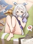  1girl absurdres amite-faust anger_vein animal_ears bag bare_legs blurry blurry_background blush brown_eyes chips_(food) commentary_request couch feet food grey_hair hair_between_eyes hair_ornament highres hishi_miracle_(umamusume) holding holding_phone horse_ears horse_girl horse_tail lazy legs looking_at_viewer medium_hair no_shoes phone pov solo_focus swimsuit tail thighs umamusume 