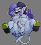 balls belly deltarune erection genitals glans grey_background humanoid humanoid_genitalia humanoid_penis humanoid_pointy_ears imp jevil_(deltarune) locitony male moobs not_furry overweight overweight_humanoid overweight_male penis purple_tongue simple_background solo teeth tongue undertale_(series)