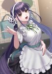  1girl absurdres apron belt blurry blurry_background bun_cover collared_dress double_bun dress frilled_apron frills hair_bun hairband heaven_burns_red highres long_hair looking_at_viewer maid nail_polish neck_ribbon nil_(pixiv_53614557) open_mouth purple_hair ribbon satsuki_mari short_sleeves smile solo very_long_hair yellow_eyes 