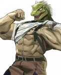  1boy abs bara brown_pants caiman_(dorohedoro) clenched_hand clothes_lift dorohedoro fangs flexing furry furry_male harness highres lizardman looking_at_viewer male_focus muscular muscular_male open_mouth pants pectorals reptile_boy shirt shirt_lift tokuni_(toktoktokuni) white_background white_shirt 