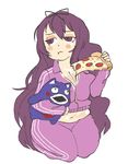  1girl breasts food inkerton-kun large_breasts long_hair murasaki_(senran_kagura) pizza plump purple_eyes purple_hair senran_kagura simple_background 