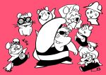 2023 anthro bobo_(gamba_no_bouken) chibi chuuta clothed clothing eye_patch eyes_closed eyewear gakusha gamba_no_bouken gamba_no_bouken_(series) ganba glasses group hat headgear headwear hi_res hikari_gamba ikasama mammal mouse murid murine open_mouth red_background rodent shijin shirt simple_background smile topwear yoisho