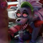1:1 3d_(artwork) animatronic bodily_fluids bugafterdark canid canine canis clothing digital_media_(artwork) duo ear_piercing female five_nights_at_freddy&#039;s five_nights_at_freddy&#039;s:_security_breach fur genital_fluids genitals green_hair green_lips hair hi_res humanoid lips long_tongue machine male male/female mammal oral piercing robot roxanne_wolf_(fnaf) saliva saliva_string scottgames sex steel_wool_studios tongue tongue_out tongue_wrap tonguejob white_hair wolf