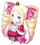  1girl beatrice_(re:zero) blonde_hair blue_eyes blush bow butterfly-shaped_pupils capelet cat commentary crown dress dress_bow drill_hair frilled_dress frilled_sleeves frills fur-trimmed_capelet fur_trim green_eyes hair_ribbon highres long_hair looking_at_viewer mini_crown open_mouth parted_bangs pink_bow pink_ribbon prmsub puck_(re:zero) re:zero_kara_hajimeru_isekai_seikatsu red_capelet red_dress ribbon sidelocks simple_background solo symbol-shaped_pupils twin_drills white_background wide_sleeves 
