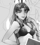  1girl bare_arms bare_shoulders bra breasts breasts_apart greyscale grin hair_intakes halterneck katsuragi_misato limart long_hair long_sleeves looking_at_viewer medium_breasts midriff_peek monochrome neon_genesis_evangelion shirt sketch sketch_background smile solo tsurime underwear undressing unfinished upper_body 