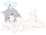  1girl absurdres animal_ear_fluff animal_ears barefoot bed_sheet blue_archive blue_eyes blush breasts commentary completely_nude cross_hair_ornament crossed_ankles doodle_sensei_(blue_archive) extra_ears feet grey_hair hair_ornament halo highres hugging_object legs lying masabodo medium_hair mismatched_pupils nude on_stomach parted_lips pillow pillow_hug revision saliva sensei_(blue_archive) shiroko_(blue_archive) simple_background soles solo symbol-only_commentary the_pose toes white_background wolf_ears 