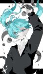  1girl arm_up bandaid bandaid_on_cheek bandaid_on_face blue_eyes blue_hair collared_shirt crescent crying floating_hair frown hatsune_miku highres index_finger_raised long_hair long_sleeves looking_at_viewer lyrics rolling_girl_(vocaloid) shirt solo sweater tabun_ningen tears twintails uneven_eyes vocaloid 