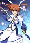  blue_eyes brown_hair cross_(crossryou) fingerless_gloves gloves long_hair long_skirt lyrical_nanoha magical_girl mahou_shoujo_lyrical_nanoha mahou_shoujo_lyrical_nanoha_the_movie_1st skirt solo takamachi_nanoha twintails 