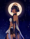  1girl blue_eyes candace_(genshin_impact) clothing_cutout dark-skinned_female dark_skin egyptian_clothes eye_of_horus freckles full_moon genshin_impact hair_ornament hairband heterochromia highres long_hair looking_at_viewer moon short_hair_with_long_locks sidelocks signature single_bare_shoulder sky solo star_(sky) starry_sky stomach vonnabeee yellow_eyes 