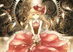  acrylic_paint_(medium) alternate_costume ascot bad_id bad_pixiv_id bangs blonde_hair bouquet corset dress flandre_scarlet flower frilled_dress frilled_skirt frills gears gown hat hat_ornament hat_ribbon keiko_(mitakarawa) light_smile lolita_fashion looking_at_viewer red_dress ribbon rose short_hair side_ponytail sitting skirt sleeveless sleeveless_dress solo steampunk top_hat touhou traditional_media v_arms watercolor_(medium) white_flower white_rose wing_collar wings yellow_eyes 