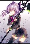  brown_eyes highres hiiragi_shinoa long_hair open_mouth owari_no_seraph purple_hair ribbon school_uniform scythe skirt smile solo teka thighhighs zettai_ryouiki 