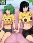  2girls absurdres bike_shorts black_hair black_shorts bracelet breasts bright_pupils closed_mouth commentary couch curly_hair dashi_(dashiart) fubuki_(one-punch_man) green_eyes green_hair highres indoors jewelry large_breasts looking_to_the_side looking_up medium_hair multiple_girls navel on_couch one-punch_man patreon_username photo_(object) print_shirt shirt short_shorts short_sleeves shorts siblings sisters sitting small_breasts symbol-only_commentary tatsumaki thighs web_address white_pupils yellow_shirt 