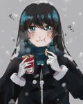  1girl ado_(utaite) black_hair black_jacket blue_eyes blue_hair blue_scarf blush chando_(ado) closed_mouth cloud_nine_inc colored_inner_hair commentary eating fur-trimmed_sleeves fur_trim gloves grey_background hair_between_eyes jacket long_hair long_sleeves mole mole_under_eye multicolored_hair scarf snow snowing solo spica_(spica5f9ea0) two-tone_hair upper_body utaite white_gloves winter_clothes 
