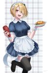 1girl absurdres alternate_costume apron back_bow blonde_hair blush bow collared_dress dated dress enmaided food frilled_apron frilled_dress frills hair_over_one_eye heaven_burns_red highres holding holding_tray kayamori_ruka ketchup_bottle looking_at_viewer maid maid_headdress mary_janes nil_(pixiv_53614557) omelet omurice open_mouth orange_eyes plaid plaid_background shoes short_hair short_sleeves smile solo standing standing_on_one_leg thighhighs tray wrist_cuffs 
