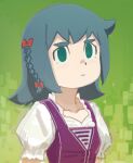  1girl 90millimetri blue_hair bow braid commentary constanze_amalie_von_braunschbank-albrechtsberger dot_nose dress expressionless green_background green_eyes hair_bow little_witch_academia looking_to_the_side pinafore_dress puffy_short_sleeves puffy_sleeves purple_dress red_bow shirt short_hair short_sleeves side_braid sleeveless sleeveless_dress solo thick_eyebrows upper_body white_shirt 
