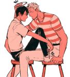  2boys bandaid bandaid_on_face bandaid_on_forehead bandaid_on_nose couple cross_scar face-to-face feet_on_chair feet_out_of_frame from_side glasses halo holding holding_key imminent_kiss kawabuchi_sentarou key male_focus monochrome multiple_boys nishimi_kaoru notice_lines red_theme sakamichi_no_apollon scar scar_on_cheek scar_on_face shirt short_hair simple_background sitting stool striped striped_shirt sweatdrop viibean white_background yaoi 