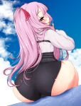  1girl ass ass_focus blush cameltoe come_hither ether_core from_behind goddess_of_victory:_nikke hair_ribbon highres huge_ass long_hair looking_at_viewer looking_back naughty_face pink_hair purple_eyes ribbon short_shorts shorts sitting smile solo thick_thighs thighs tongue tongue_out twintails very_long_hair yuni_(nikke) 