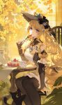  1girl black_cat black_thighhighs blonde_hair blue_eyes breasts cake cat chair cup dress eating food fork fruit genshin_impact highres long_hair navia_(genshin_impact) on_chair solo strawberry table tagme thighhighs very_long_hair yu_jiu 