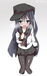  akatsuki_(kantai_collection) anchor_symbol black_hair black_legwear flat_cap hat highres kantai_collection long_hair long_sleeves mitsudoue neckerchief open_mouth pantyhose purple_eyes remodel_(kantai_collection) school_uniform serafuku solo twitter_username 