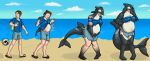 anthro ball beach beach_ball black_body blush body_size_growth brown_hair cetacean clothed clothing colored dolphin female gender_transformation growth hair hair_shrinking hand_on_face hand_on_stomach hi_res human inflatable male mammal marine marzipanrose mtf_transformation oceanic_dolphin orca pregnant rapid_pregnancy seaside sequence size_transformation solo species_transformation surprised_expression tail tail_growth toothed_whale torn_clothing transformation white_body