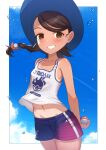  1girl bare_arms bare_shoulders blue_headwear blue_shorts blue_sky blush braid brown_eyes brown_hair cloud commentary_request floating_hair grin highres holding holding_poke_ball juliana_(pokemon) long_hair looking_at_viewer navel poke_ball poke_ball_(basic) pokemon pokemon_sv short_shorts shorts single_braid sky smile solo tan tank_top tanlines uneg water_drop white_tank_top 