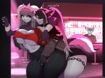 &lt;3 anthro bar bovid breasts canid canine caprine clothed clothing female female/female fingering fingering_partner fingers furniture hi_res male mammal navel racoe sex stool thick_thighs