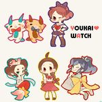  &gt;_o amano_yukiko_(youkai_watch) blush bow bowtie braid brothers brown_hair chiyoko_(oman1229) copyright_name fubukihime full_body hands_on_hips heart high_ponytail japanese_clothes kimono kodama_fumika komajirou komasan long_hair looking_at_viewer looking_back mermaid monster_girl multicolored_hair multiple_girls ningyo_(youkai_watch) one_eye_closed pigeon-toed pleated_skirt purple_hair sandals siblings simple_background skirt standing thighhighs twin_braids two-tone_hair youkai youkai_watch zettai_ryouiki 