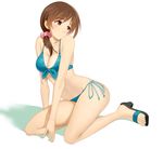  arm_support bikini breasts brown_eyes brown_hair cleavage front-tie_top high_heels idolmaster idolmaster_cinderella_girls large_breasts long_hair looking_away nitta_minami open_toe_shoes sandals shoes side-tie_bikini solo strap_gap swimsuit taka_(takahirokun) 