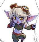  1girl belt black_gloves colored_skin crop_top fang finger_to_own_nose fingerless_gloves gloves goggles goggles_on_head green_pants grey_hair hand_up league_of_legends medium_hair midriff navel pants phantom_ix_row pointy_ears purple_skin red_belt solo stomach tristana yellow_eyes yordle 
