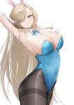 1girl absurdres animal_ears arched_back areola_slip arm_up armpit_crease armpits asuna_(blue_archive) asuna_(bunny)_(blue_archive) bare_shoulders black_pantyhose blonde_hair blue_archive blue_bow blue_bowtie blue_eyes blue_leotard blush bow bowtie breast_suppress breasts cleavage commentary covered_navel cowboy_shot detached_collar fake_animal_ears from_side gloves grin hair_over_one_eye hair_twirling hairband hand_in_own_hair hand_up highleg highleg_leotard highres huge_breasts leotard long_hair looking_at_viewer mole mole_on_breast official_alternate_costume pantyhose parted_lips playboy_bunny rabbit_ears simple_background smile solo standing strapless strapless_leotard symbol-only_commentary thighband_pantyhose very_long_hair white_background white_gloves white_hairband y.u 