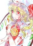  blonde_hair blood blood_on_face bloody_clothes bloody_hands crying dress flandre_scarlet hat hat_ribbon highres mob_cap puffy_sleeves red_dress red_eyes ribbon rosette_(roze-ko) sash shirt side_ponytail tears touhou upper_body wings wrist_grab 