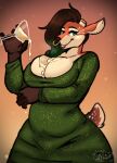 absurd_res alcohol anthro beverage bite biting_lip breasts clothed clothing commanderthings deer dripping eggnog facial_piercing female glass hi_res lipstick looking_at_viewer makeup mammal noogs nose_piercing piercing slightly_chubby solo tail tight_clothing