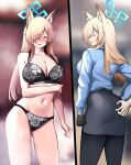  absurdres animal_ears black_gloves black_pantyhose blonde_hair blue_archive blue_eyes blue_shirt bra breasts gloves hair_over_one_eye highres kanna_(blue_archive) long_hair pantyhose pencil_skirt sharp_teeth shirt skirt teeth textless_version underwear 