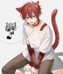  2boys animal_ears brown_pants cat_boy cat_ears cat_tail collar extra_ears fujo0t4ku grey_background highres leash looking_at_viewer maeno_aki male_focus multiple_boys pants red_collar red_eyes red_hair red_sleeves red_tank_top shirt simple_background sitting tail tank_top tsugino_haru white_shirt zeno_(game) 