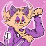 ambiguous_gender anthro bluddly bluddly_(character) canid canine clothing fox fur hi_res mammal purple_clothing red_eyes solo tan_body tan_fur
