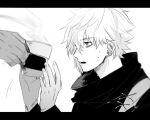  1boy 1other aki_(neyuki41028) bags_under_eyes cup earrings fate/grand_order fate_(series) from_side greyscale hands_up holding holding_cup jewelry kadoc_zemlupus letterboxed long_sleeves male_focus monochrome parted_lips short_hair sketch solo_focus sweat 
