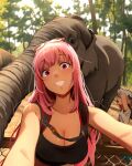  2girls :o absurdres arms_up backpack bag bare_shoulders black_shirt breasts cleavage clothes_writing commentary elephant english_commentary english_text eyewear_on_head fence forest gawr_gura grin head_tilt highres hololive hololive_english khyle. large_breasts long_hair looking_at_viewer mori_calliope multiple_girls nature outdoors pink_hair purple_eyes selfie sharp_teeth shirt smile sports_bra sunglasses teeth very_long_hair white_shirt 