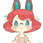  :3 animal_ears blush bunny_ears chiyoko_(oman1229) commentary face glasses misora_inaho protected_link red_hair short_hair simple_background solo sparkle upper_body white_background youkai_watch youkai_watch_3 