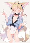  1girl alternate_costume animal_ear_fluff animal_ears arknights blonde_hair blue_hairband breasts center_opening closed_eyes cowboy_shot double_v fox_ears fox_girl fox_tail front-tie_top fundoshi hairband headband highres japanese_clothes kitsune kyuubi multicolored_hair multiple_tails nipples see-through shirt simple_background small_breasts smile suzuran_(arknights) tail tied_shirt v white_hair yakurope-moko yamakasa 
