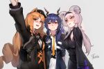  3girls :d absurdres animal_ear_fluff animal_ears arknights arm_up artist_name bag belt belt_buckle beret black_bag black_belt black_dress black_hairband black_headwear blazer blue_hair blue_jacket blush bow bowtie breasts brown_horns brown_jacket buckle buttons cable ch&#039;en_(arknights) chest_strap closed_mouth collared_jacket collared_shirt commentary_request commission credit_card criss-cross_straps cursive double-parted_bangs dragon_girl dragon_horns dress dress_shirt drill_hair earclip earpiece earrings expressionless eyelashes from_side green_eyes hair_between_eyes hair_flowing_over hair_intakes hair_tie hairband happy hat high_collar highres horns id_card jacket jewelry lapels large_breasts lin_(arknights) lips long_hair long_sleeves looking_afar looking_ahead looking_to_the_side looking_up low_side_ponytail mouse_ears mouse_girl multiple_belts multiple_girls necklace necktie notched_lapels open_clothes open_jacket open_mouth orange_bow parted_bangs parted_lips pink_eyes pink_hair pixiv_commission pocket pointing pointing_up popped_collar puffy_long_sleeves puffy_sleeves red_eyes shadow shirt shoulder_bag shoulder_belt side_ponytail sidelocks signature simple_background sleeves_rolled_up smile snap-fit_buckle standing straight-on strap swire_(arknights) teeth tierla tiger_ears tiger_girl tongue turtleneck turtleneck_dress underbust upper_body upper_teeth_only very_long_hair walkie-talkie white_background white_shirt wide_sleeves wing_collar yellow_necktie 