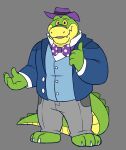 2023 3_toes 4_fingers alligator alligatorid anthro bottomwear bow_tie brok brok_(character) brok_the_investigator clothing crocodilian feet fingers glassesgator green_body hat headgear headwear hi_res humanoid_hands male pants reptile scalie shirt simple_background slightly_chubby solo suit toes topwear