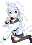  1girl animal_ear_fluff animal_ears black_footwear black_sailor_collar black_skirt black_thighhighs blue_eyes blush cat_ears cat_tail fathom grey_hair hair_between_eyes hat hibiki_(kancolle) highres kantai_collection long_hair long_sleeves looking_at_viewer parted_lips paw_print pleated_skirt sailor_collar sailor_shirt shirt shoes simple_background skirt solo tail thighhighs verniy_(kancolle) white_background white_headwear white_shirt 
