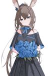 1girl absurdres amiya_(arknights) animal_ear_fluff animal_ears arknights black_bow black_dress blue_eyes blue_flower blue_ribbon bouquet bow breasts brown_hair cowboy_shot dress flower hair_between_eyes hair_bow head_tilt highres holding holding_bouquet holding_flower long_hair looking_at_viewer neck_ribbon nui_(nuinui0300) off-shoulder_dress off_shoulder ponytail rabbit_ears rabbit_girl ribbon simple_background small_breasts smile solo very_long_hair white_background 