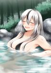  1girl bathing black_hair closed_eyes fate/grand_order fate_(series) hair_between_eyes highres ichi_kq koha-ace long_hair multicolored_hair nagao_kagetora_(fate) open_mouth sidelocks smile solo two-tone_hair very_long_hair water wet white_hair 