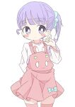  1girl arm_behind_back blue_bow blue_scrunchie blunt_bangs bow closed_mouth commentary_request dress hair_ornament hair_scrunchie hand_up highres long_sleeves looking_at_viewer manaka_non pinafore_dress pink_dress pink_thighhighs pretty_series pripara purple_eyes purple_hair ranirani_(syohousen8) scrunchie short_hair side_ponytail simple_background sleeveless sleeveless_dress solo sweater thighhighs white_background white_sweater 