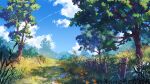  artist_name blue_sky cloud commentary contrail day english_commentary field flower from_side grass landscape no_humans orange_flower original outdoors road scenery sky sylvain_sarrailh tree wheat 
