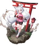  1girl :d animal_ear_fluff animal_ears artist_request bad_source bike_shorts black_shorts black_sleeves breasts debris detached_sleeves dirt dust fang faux_figurine fox_ears fox_girl fox_statue fox_tail full_body grass grey_hair grey_tail hair_between_eyes hand_up japanese_clothes kimono kitsu_(mon-musu_quest!) lantern light_blush looking_at_viewer mon-musu_quest! monster_girl monster_musume_td multiple_tails official_art open_mouth pink_kimono purple_sash red_eyes rock sash short_hair shorts sleeveless sleeveless_kimono small_breasts smile socks solo standing standing_on_one_leg tabi tail third-party_source torii transparent_background vambraces white_socks wooden_lantern 