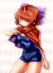  alternate_costume argyle argyle_background arm_behind_back bad_id bad_pixiv_id breasts cape hair_ribbon looking_at_viewer open_mouth red_eyes red_hair ribbon saoshin_(2txp796za) sekibanki shadow short_hair shorts solo touhou 