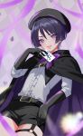  1boy absurdres alternate_costume belt beret black_cape black_gloves black_headwear black_shorts black_sleeves cape card genshin_impact gloves hair_between_eyes hat highres holding holding_card male_focus purple_eyes purple_hair rrr_gns_(riuriu_1212) scaramouche_(genshin_impact) shirt short_hair shorts simple_background smile solo tongue tongue_out white_shirt 