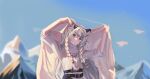  1girl absurdres animal_ear_fluff animal_ears arknights arms_up blanket blue_sky blush braid bright_pupils day grey_eyes grey_hair head_tilt highres holding holding_blanket jewelry leopard_ears leopard_girl long_hair looking_at_viewer mountain necklace outdoors pramanix_(arknights) side_braids sky smile solo split_mouth sweater tiara turtleneck turtleneck_sweater upper_body very_long_hair white_pupils white_sweater ying_wei_jin_inexistenec 